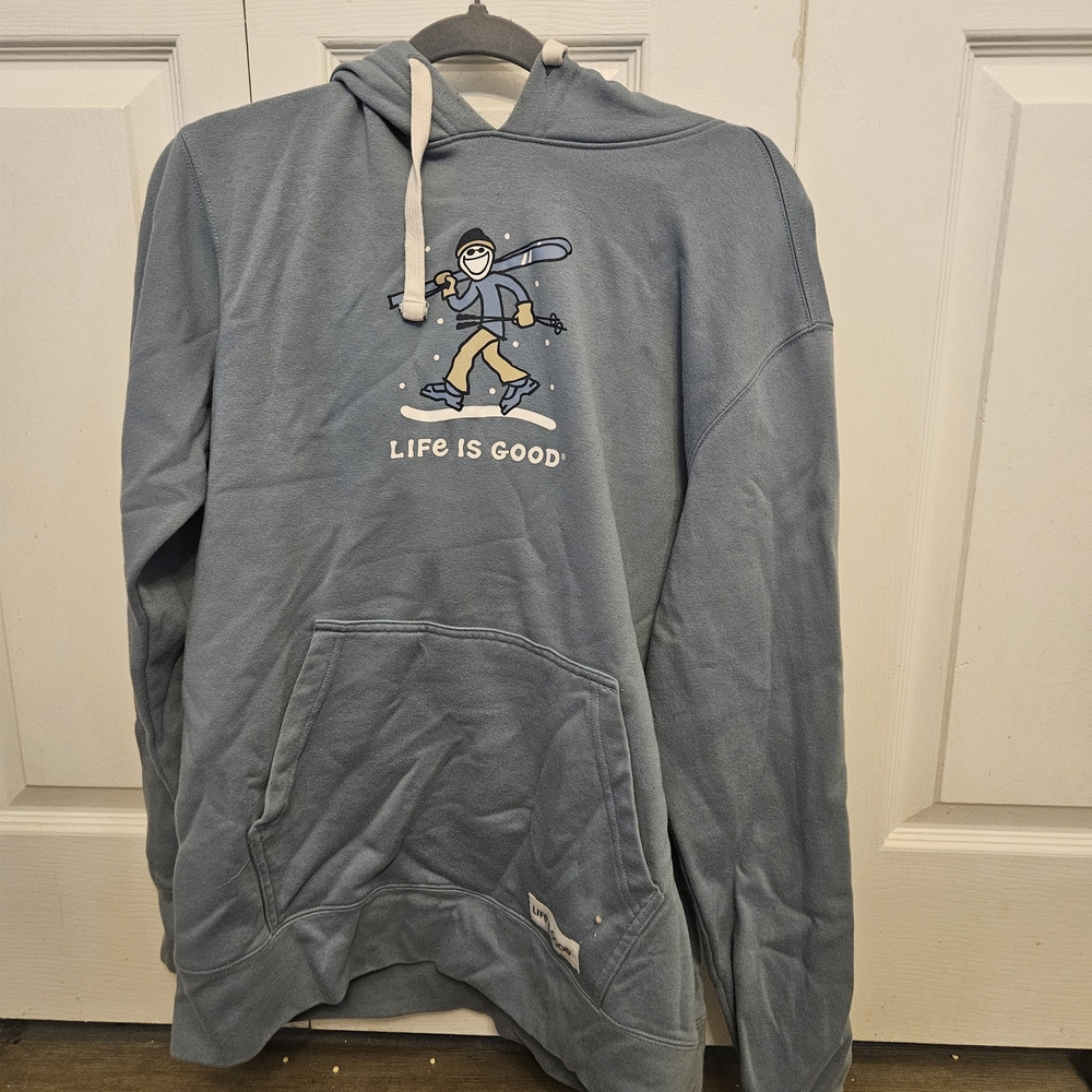 Life Is Good Dusty Blue Pullover Hoodie with Snowboarder Graphic